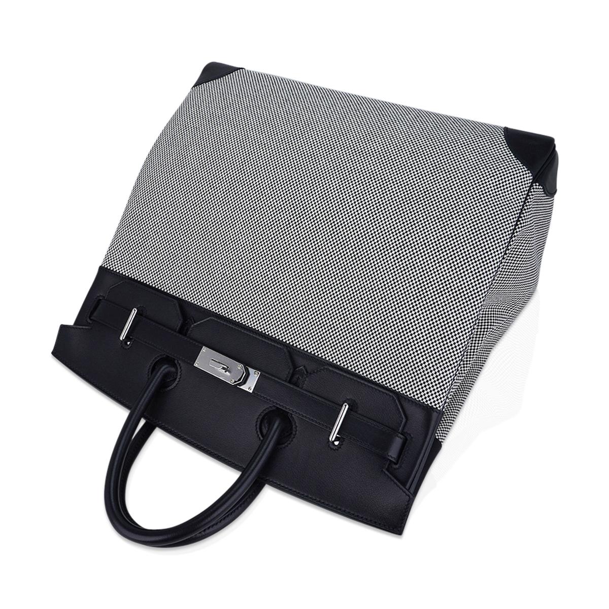 Women's or Men's Hermes Hac 40 Black / Ecru Criss Cross Toile Birkin Bag Palladium Hardware