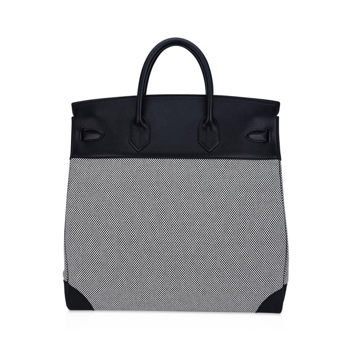 Women's or Men's Hermes Hac 40 Black / Ecru Criss Cross Toile Birkin Bag Palladium Hardware For Sale