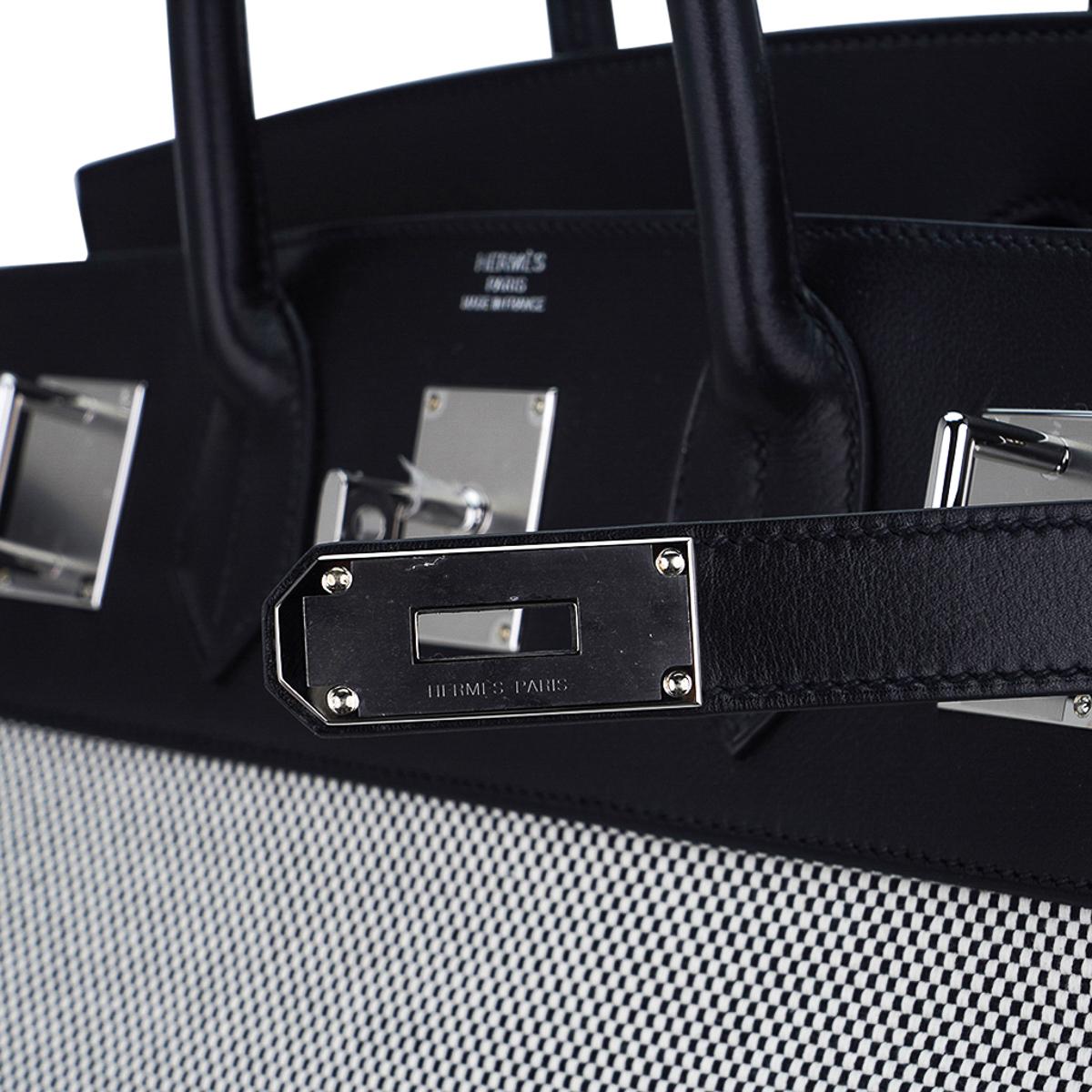 Hermes Hac 40 Black / Ecru Criss Cross Toile Birkin Bag Palladium Hardware For Sale 1