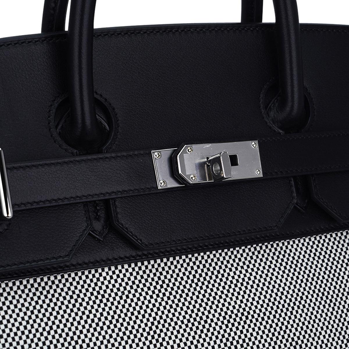 Hermes Hac 40 Black / Ecru Criss Cross Toile Birkin Bag Palladium Hardware For Sale 3