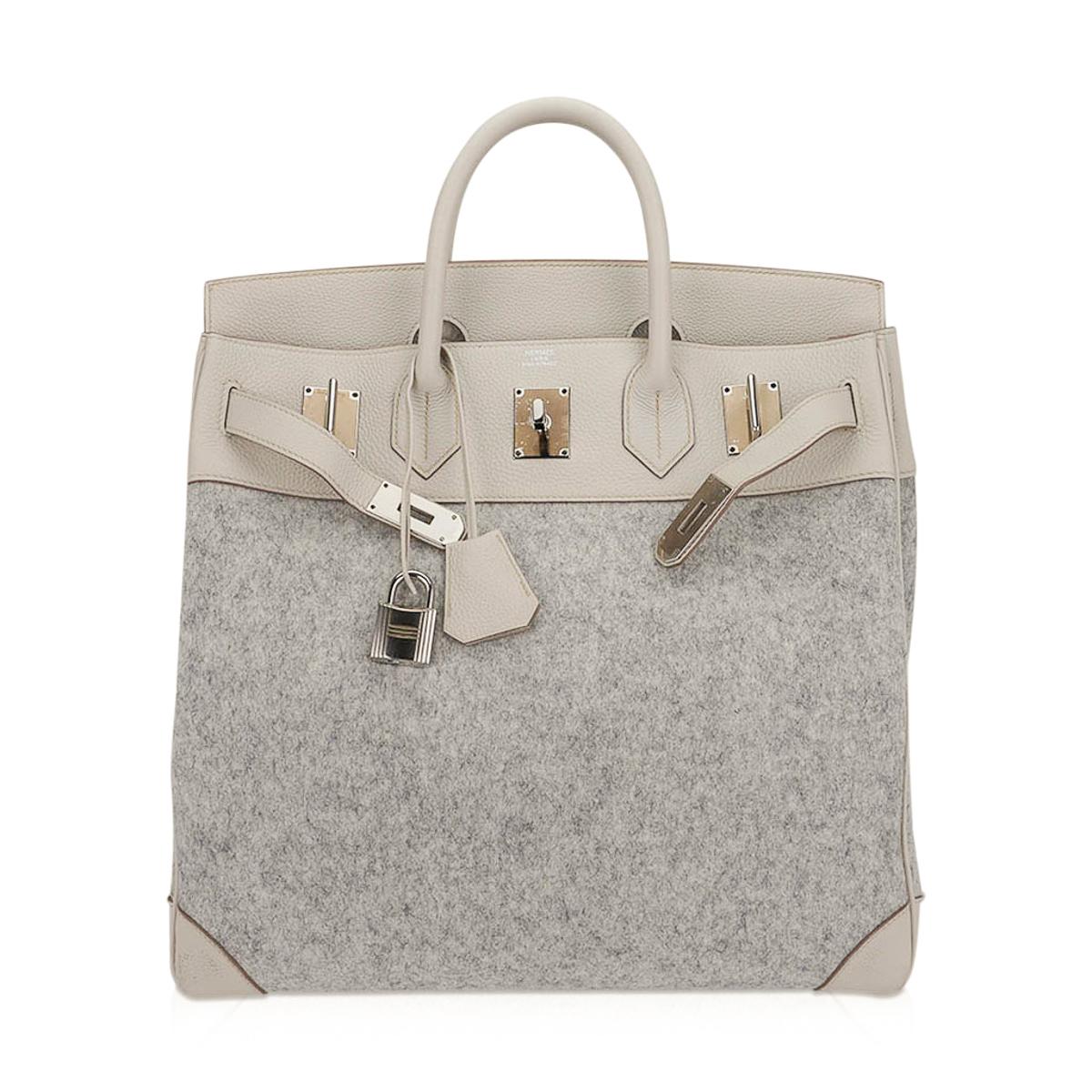 Sac Hermès HAC 40 Craie / Gris Clair Feutre en cuir de Birkin avec accessoires en palladium Bon état - En vente à Miami, FL