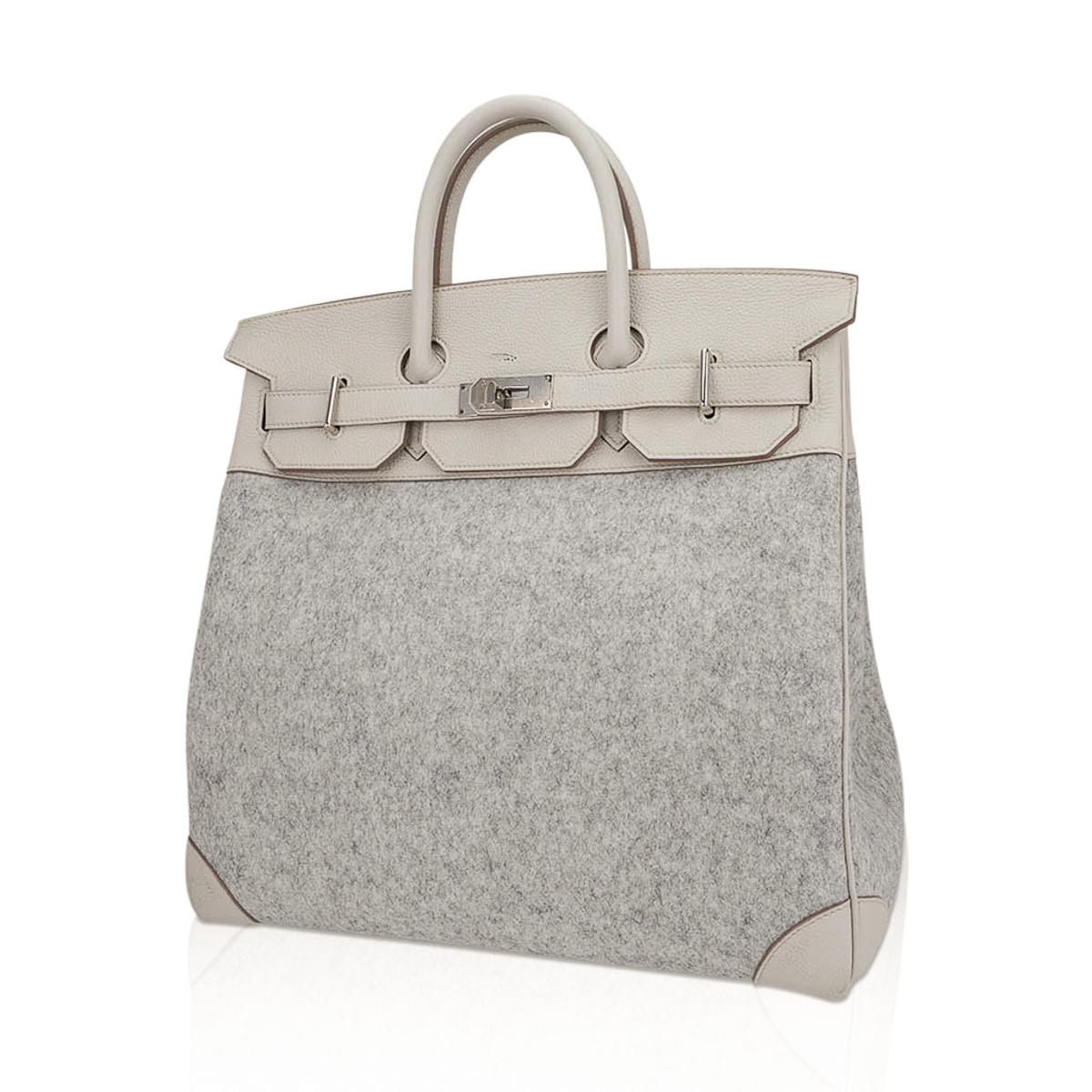 Hermes HAC 40 Craie and Gris Clair Feutre Birkin Bag Palladium Hardware In Good Condition For Sale In Miami, FL
