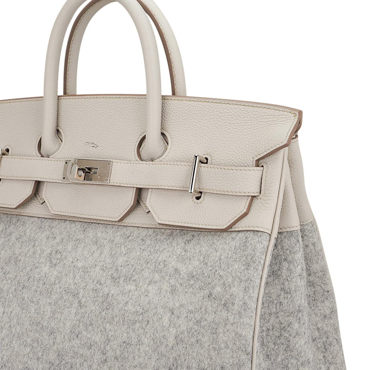 Sac Hermès HAC 40 Craie / Gris Clair Feutre en cuir de Birkin avec accessoires en palladium en vente 2