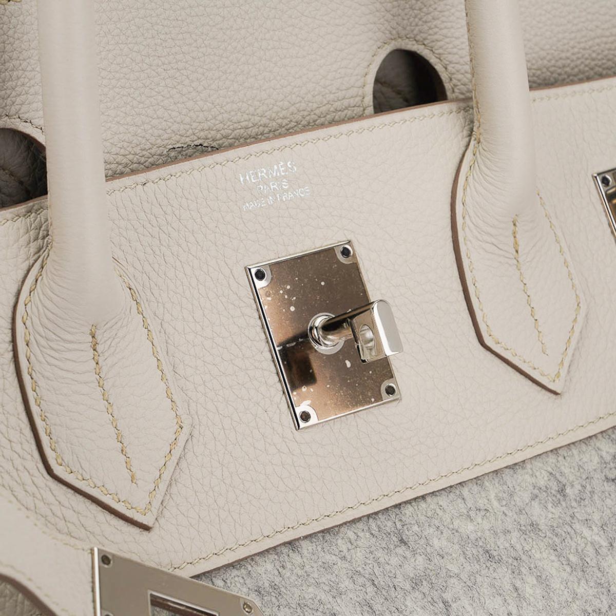 Hermes HAC 40 Craie / Gris Clair Feutre Birkin Bag Palladium Hardware For Sale 4