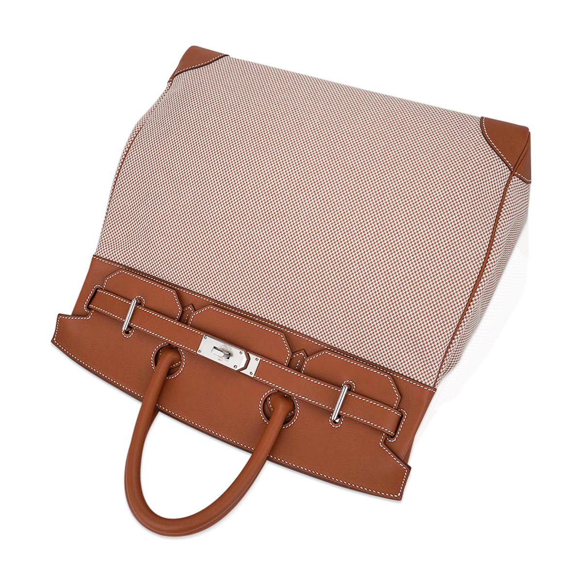 Women's or Men's Hermes Hac 40 Gold Evercolor Leather / Ecru Toile Birkin Bag Palladium Hardware For Sale