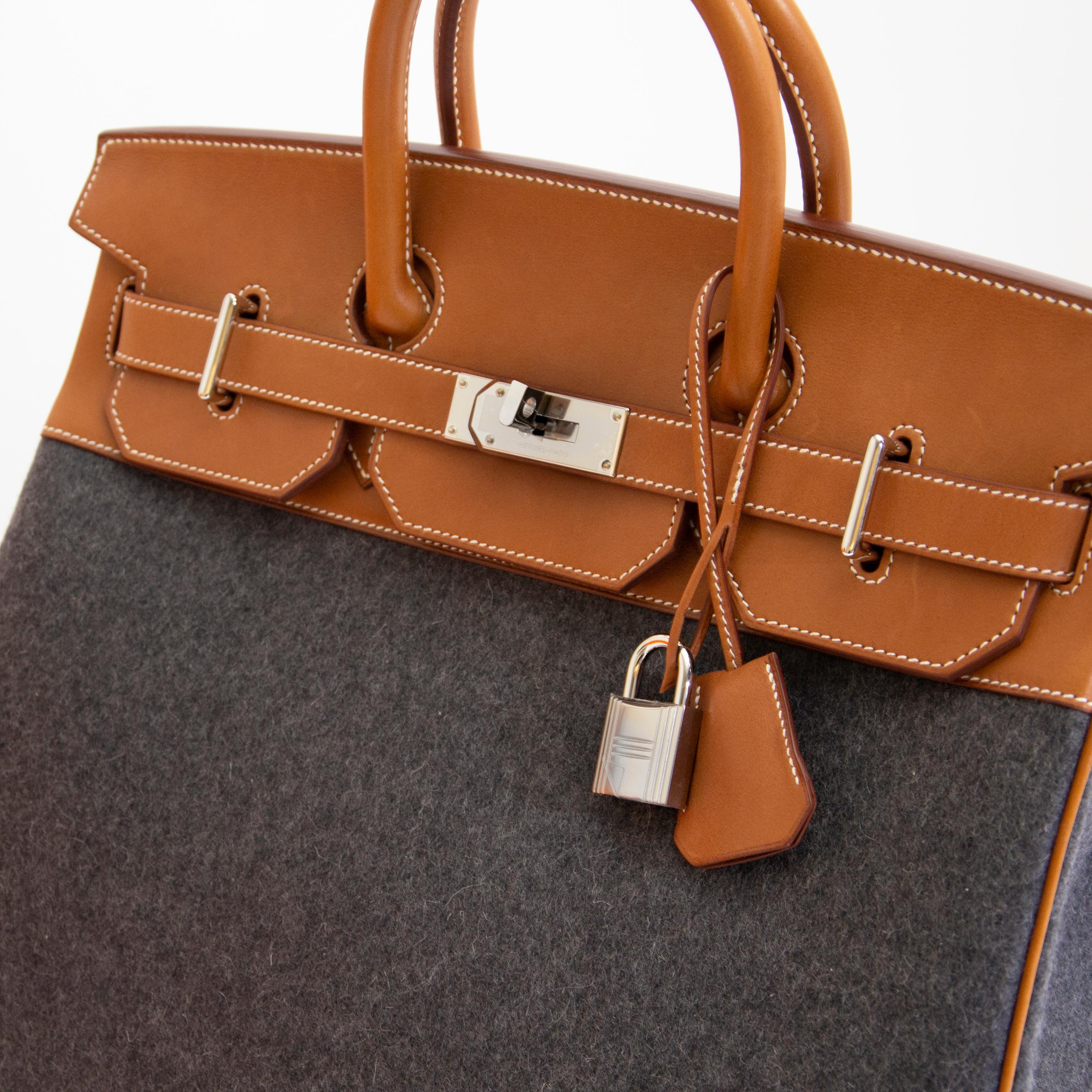 Black Hermès HAC 40 Haute à Courroies Feutre Gris Moyen / Barenia Fauve