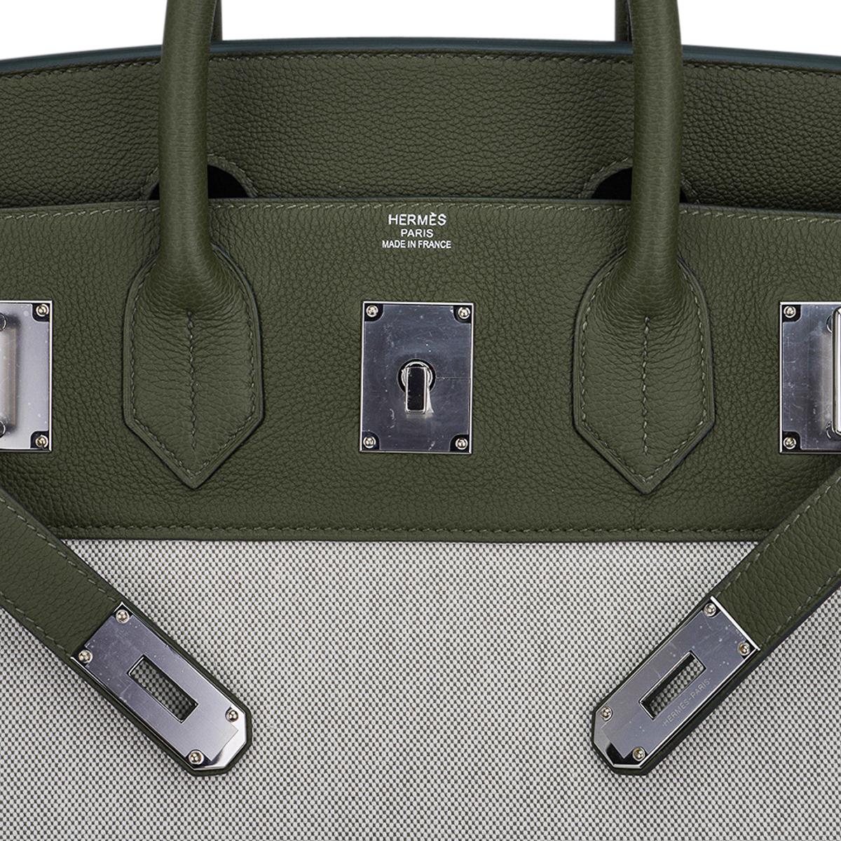 Hermes Hac 40 Vert Veronese mit Ecru und Vert Amande Toile Birkin Bag im Angebot 6