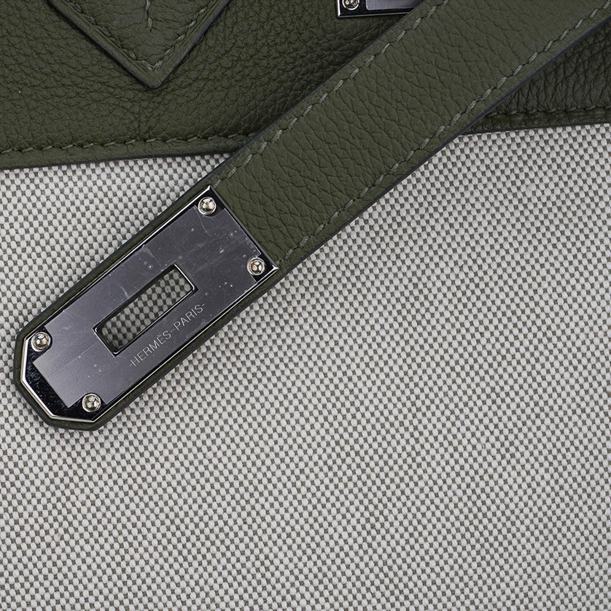Gray Hermes Hac 40 Vert Veronese with Ecru and Vert Amande Toile Birkin Bag For Sale