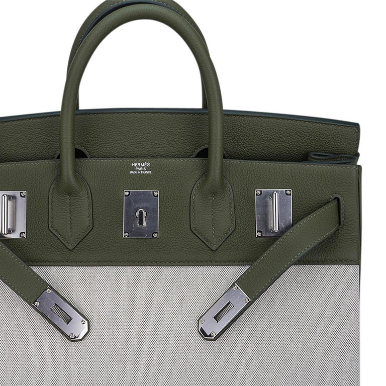 Hermes Hac 40 Vert Veronese / Ecru Vert Amande Toile Birkin Bag For Sale at  1stDibs