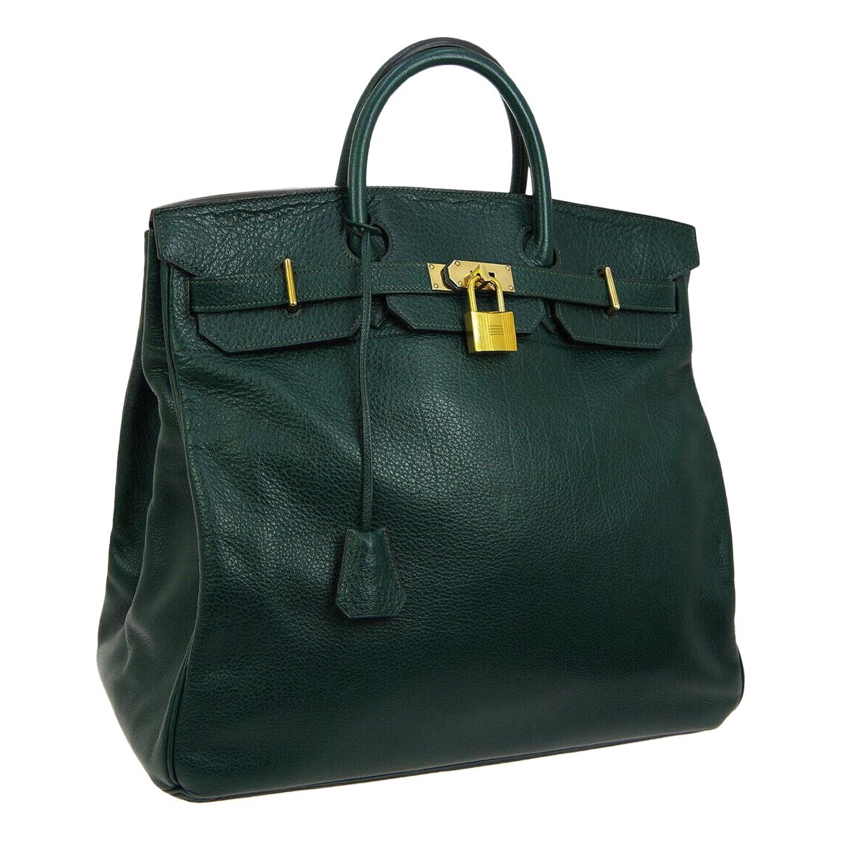 Hermes HAC 45 Green Leather Gold Large Men's Carryall Travel Top Handle Tote Bag