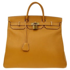 HERMES HAC 45 Tan Cognac Brown Fjord Leather Gold Top Handle Travel Tote Bag