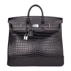 Hermes Hac 50 Reisetasche Schwarz Matte Porosus Krokodil Palladium Neu w / Box