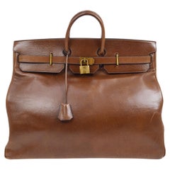 Retro HERMES HAC 55 Chocolate Brown Courchevel Leather Gold Top Handle Travel Tote