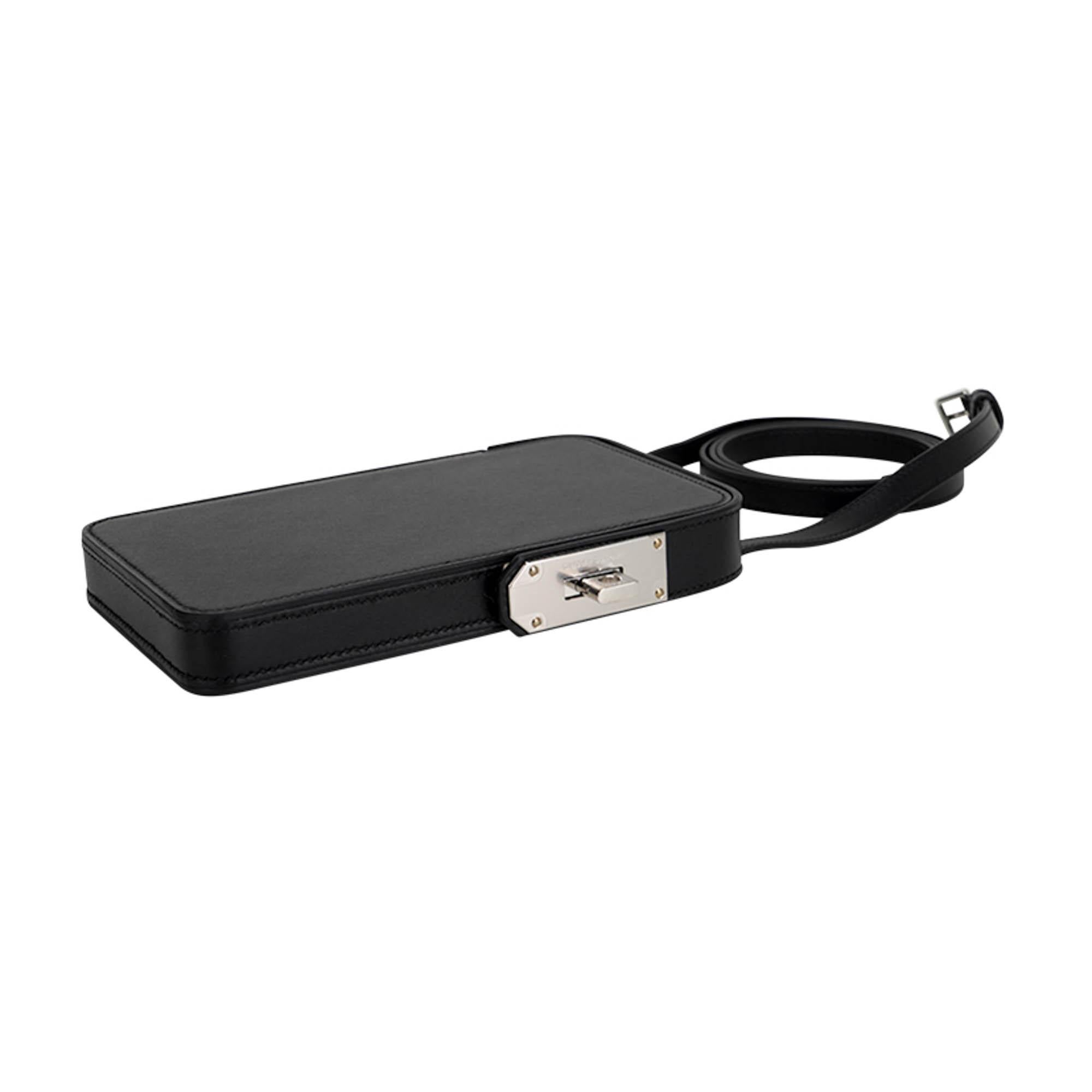 Women's or Men's Hermes Hac A Box Limited Edition Phone Case Black Tadelakt Leather Palladium For Sale