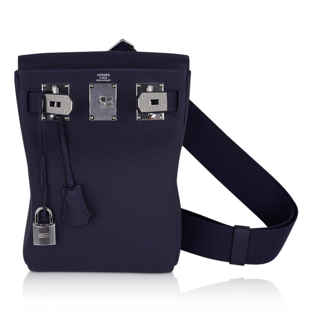 Black Hermes Hac a Dos PM Backpack Men's Bag Bleu Nuit Togo Palladium Hardware