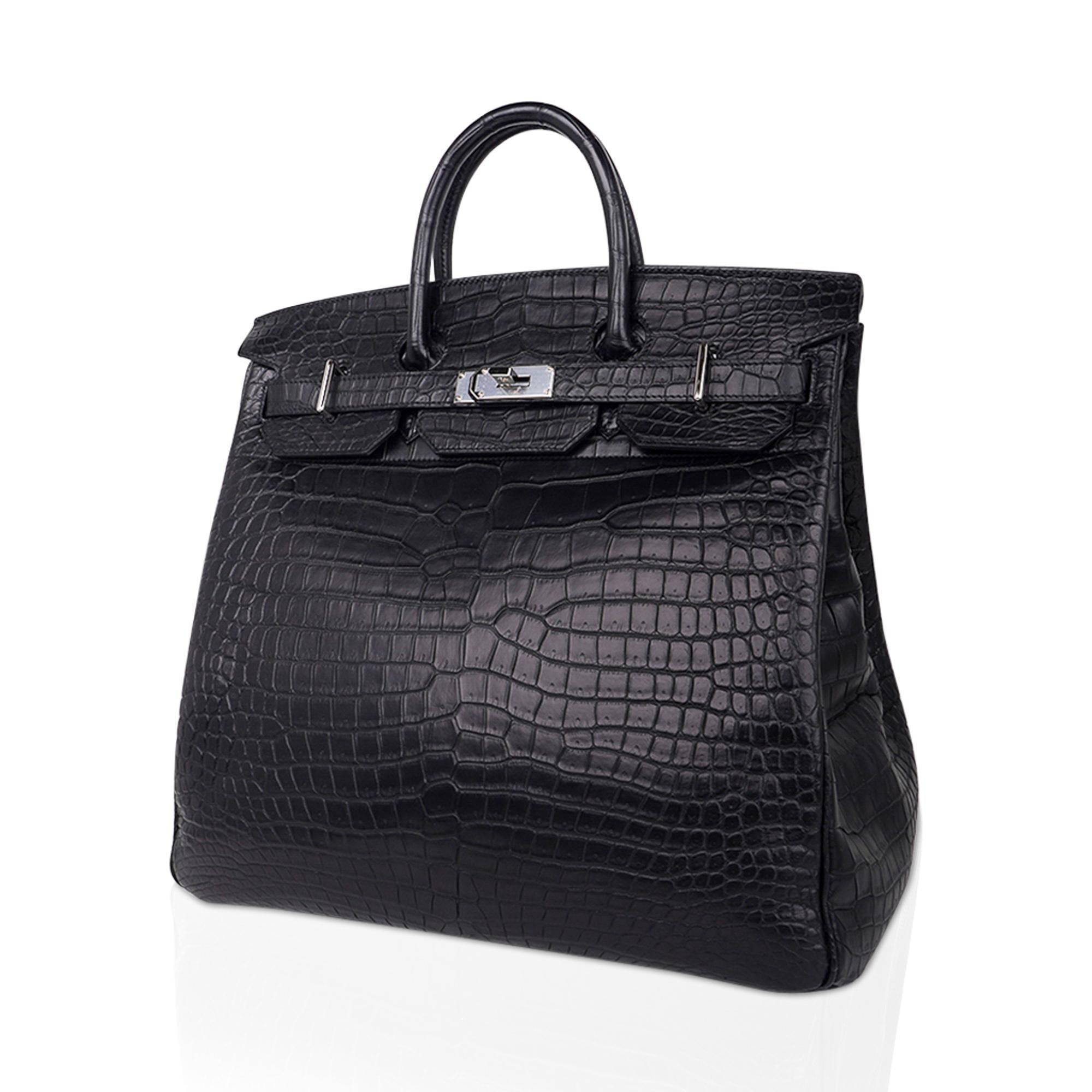 Women's or Men's Hermes Hac 40 Black Matte Porosus Crocodile Birkin Bag Palladium Hardware