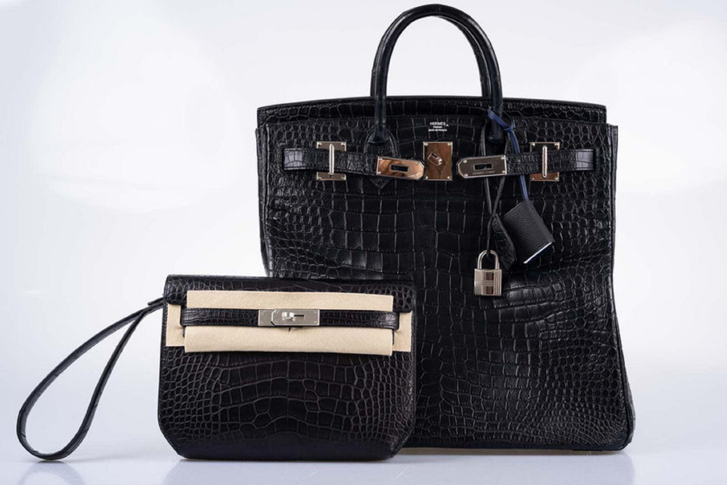 Hermès HAC Birkin 40 Black Matte Porosus Crocodile Palladium Hardware Bag 10