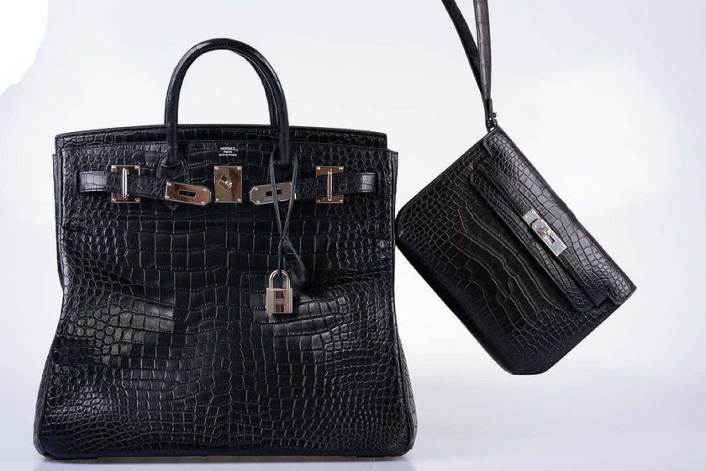 Hermès HAC Birkin 40 Black Matte Porosus Crocodile Palladium Hardware Bag 11