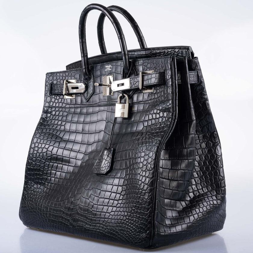 Hermès HAC Birkin 40 Black Matte Porosus Crocodile Palladium Hardware Bag In Excellent Condition In NYC Tri-State/Miami, NY