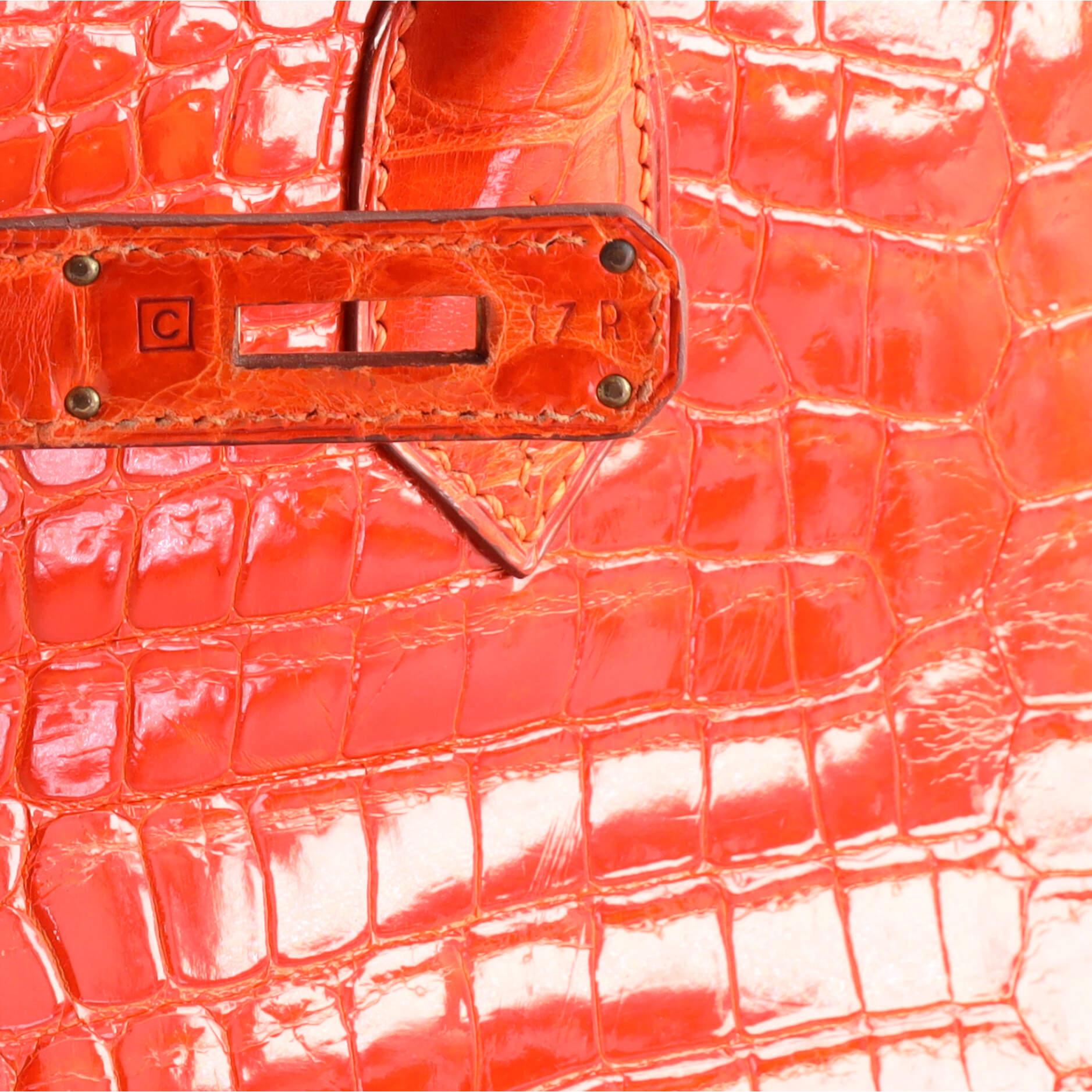 Hermes HAC Birkin Bag Orange H Shiny Porosus Crocodile with Gold Hardware 32 7