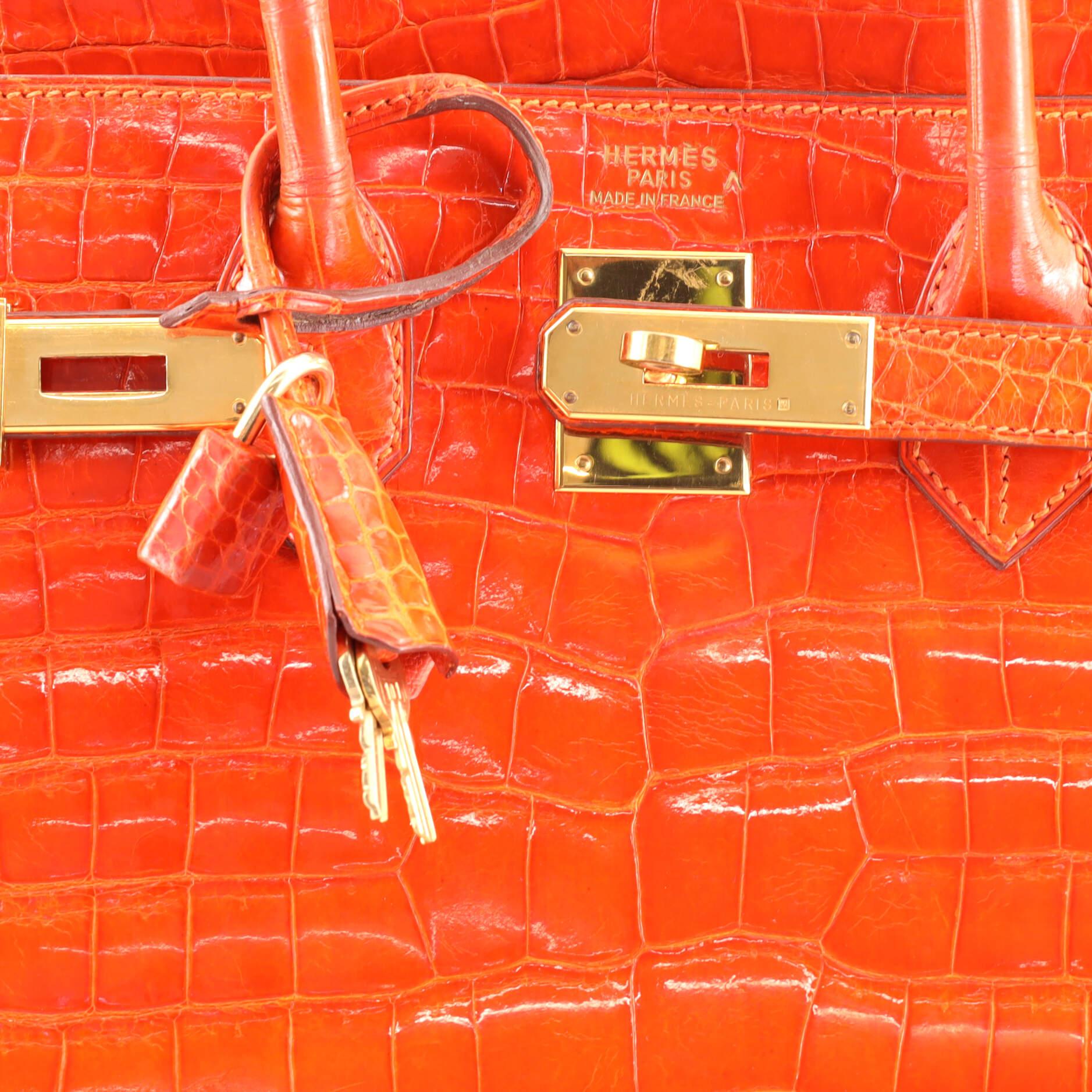 Women's or Men's Hermes HAC Birkin Bag Orange H Shiny Porosus Crocodile with Gold Hardware 32