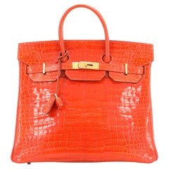 Hermes HAC Birkin Bag Orange H Shiny Porosus Crocodile with Gold Hardware 32