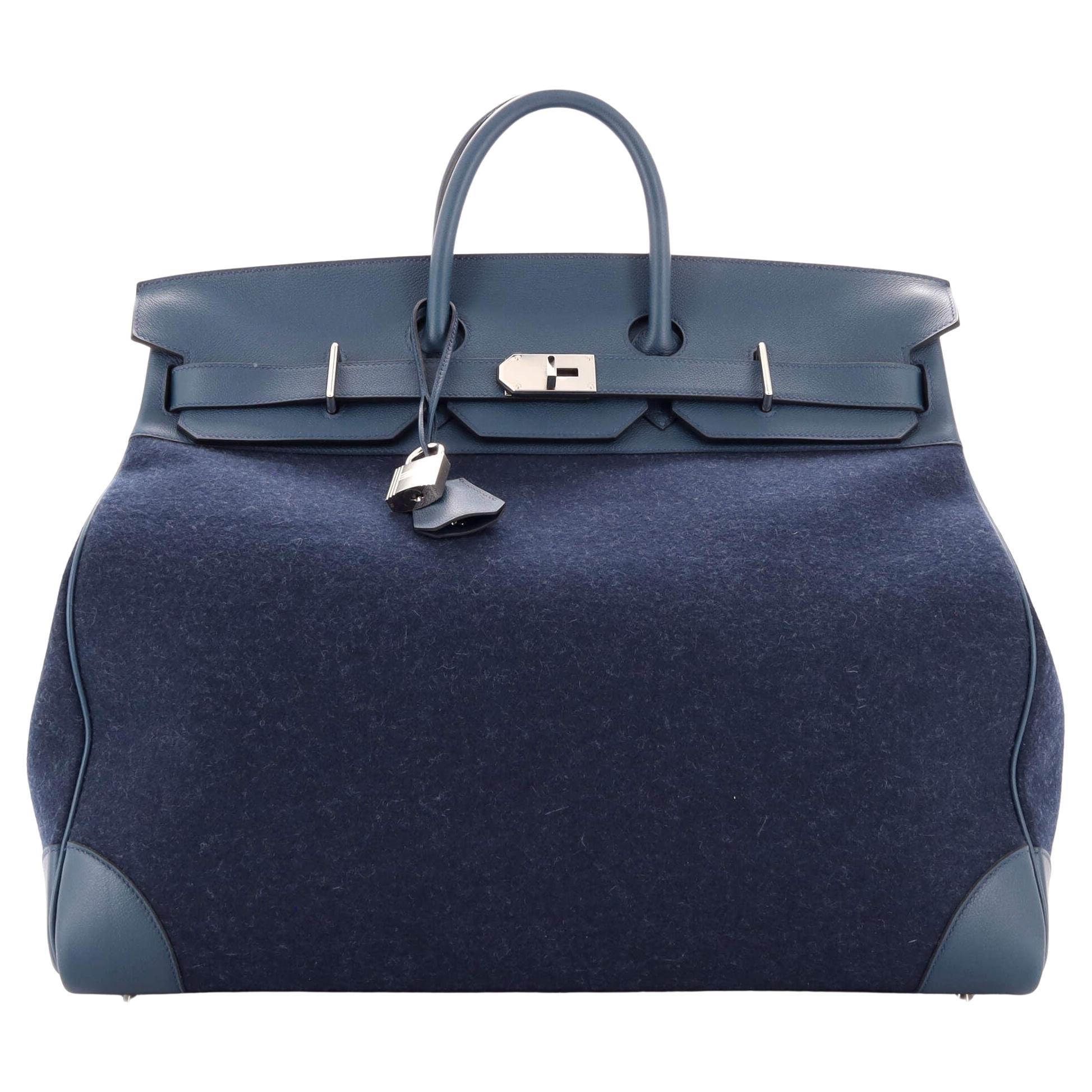 Hermes HAC Birkin Bag Todoo Wool and Bleu De Malte Eevercolor with Palladium 50