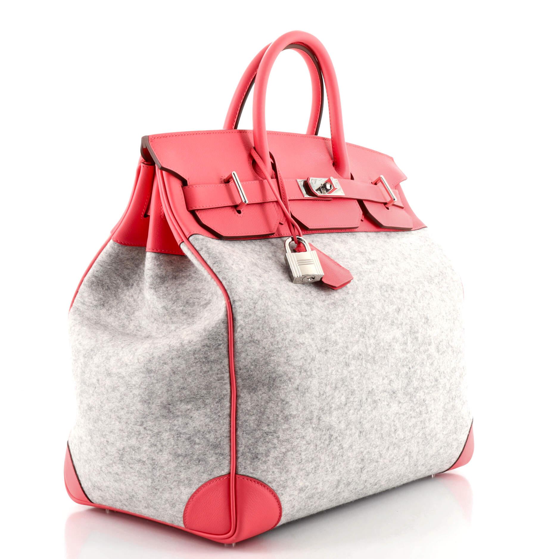 Beige Hermes HAC Birkin Bag Todoo Wool and Pink Evercolor with Palladium Hardware 40