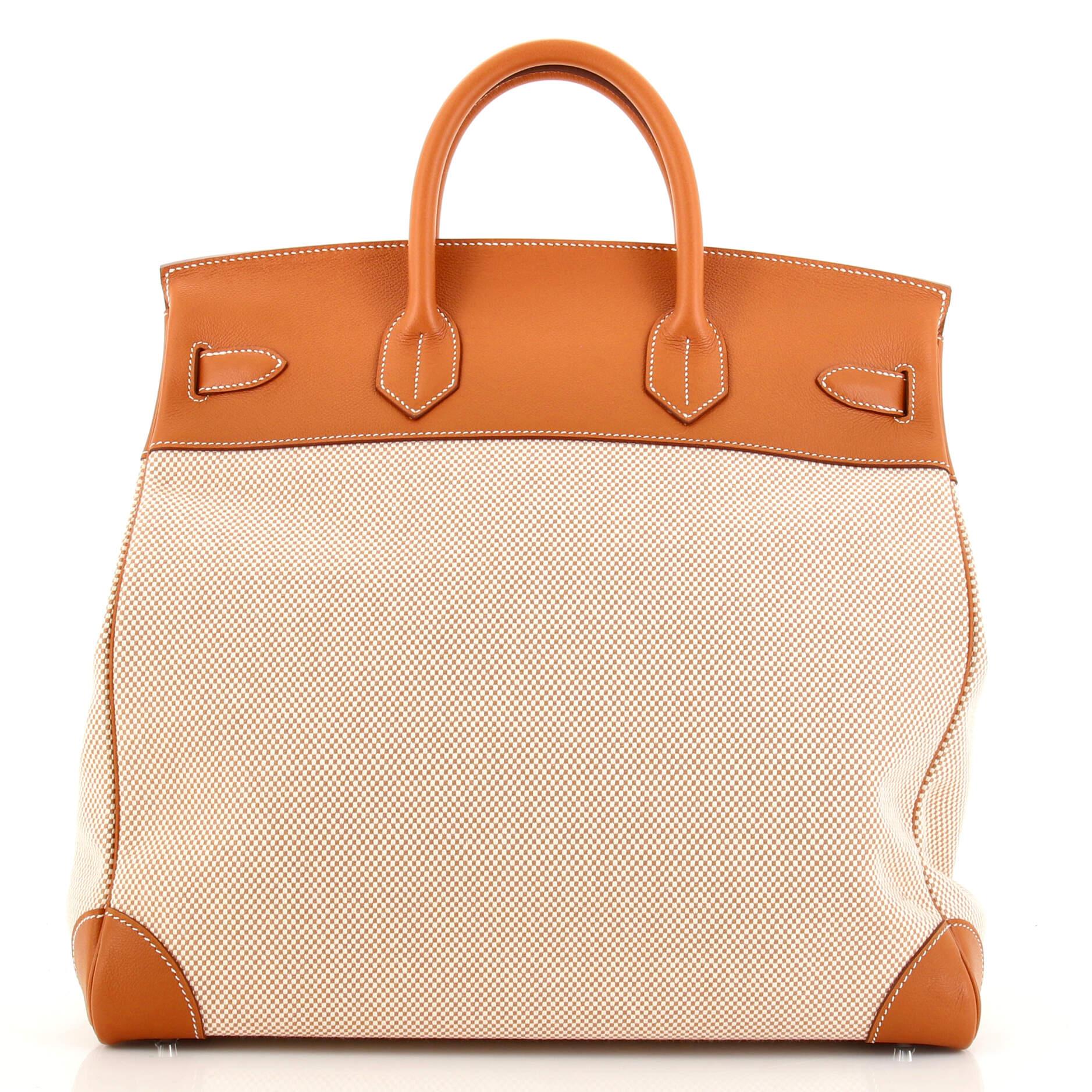 Beige Hermes HAC Birkin Bag Toile and Brown Evercolor with Palladium Hardware 4