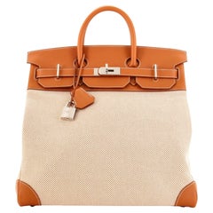 Hermes HAC Birkin Bag Toile and Brown Evercolor with Palladium Hardware 4