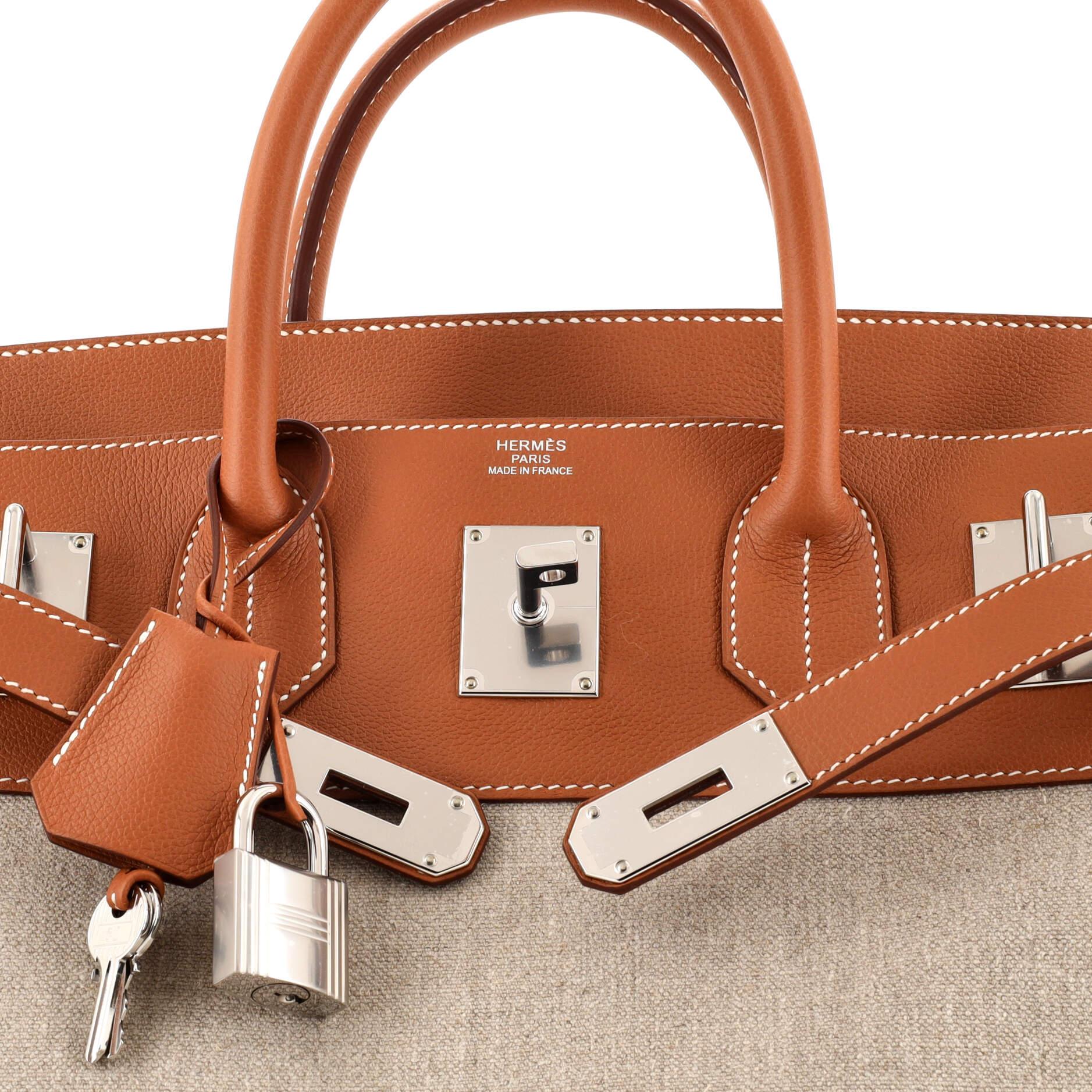 Hermes HAC Birkin Bag Toile and Brown Evercolor with Palladium Hardware 40 1
