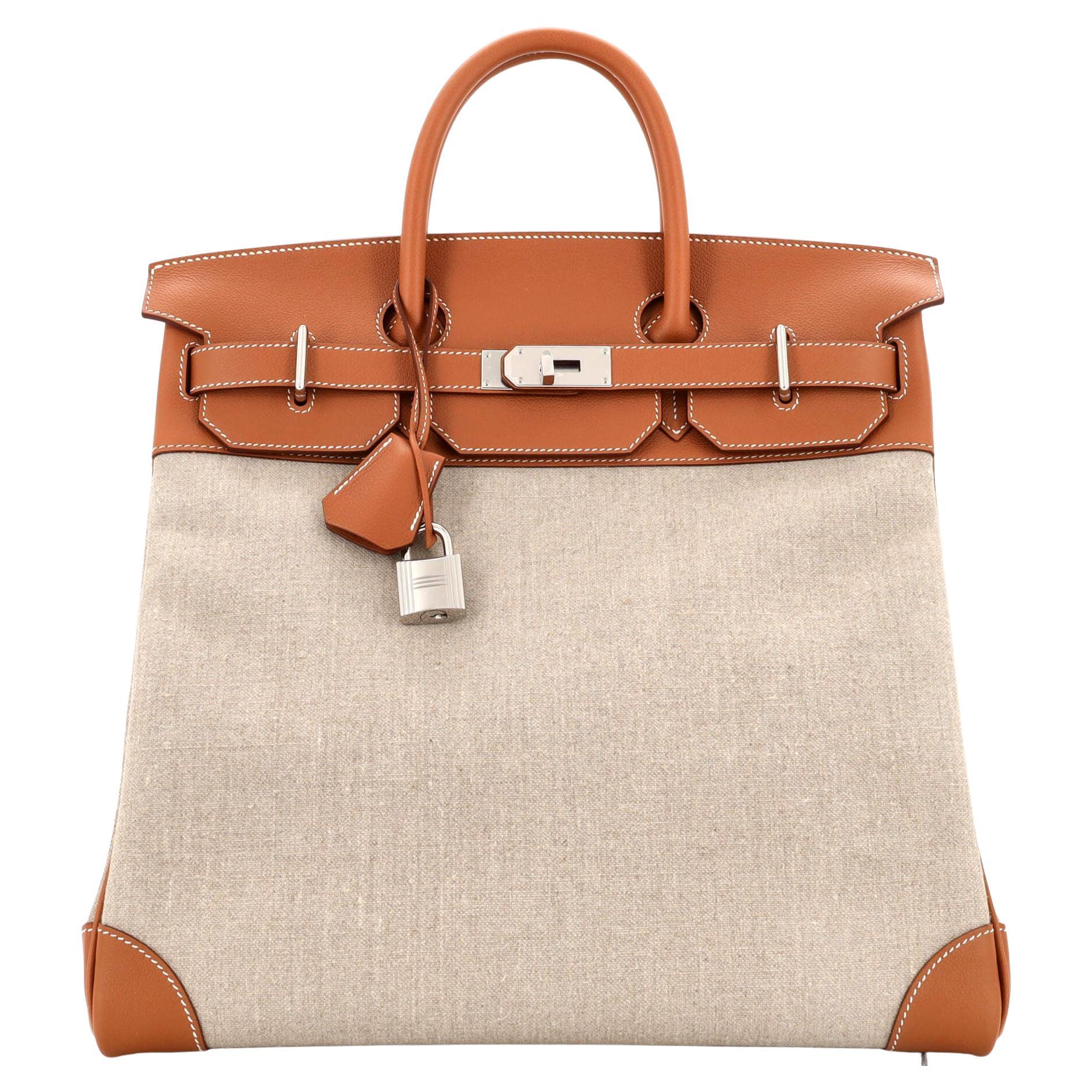 Hermes HAC Birkin Bag Toile and Brown Evercolor with Palladium Hardware 40