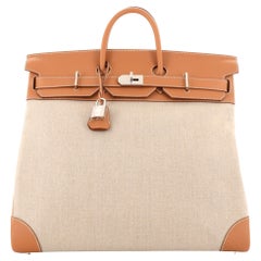 Hermes HAC Birkin Bag Toile and Brown Evercolor with Palladium Hardware 50