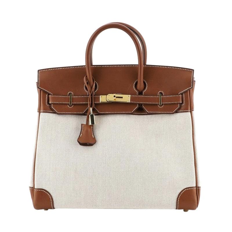 Hermes HAC Birkin Bag Toile and Fauve Barenia with Gold Hardware 32 at ...