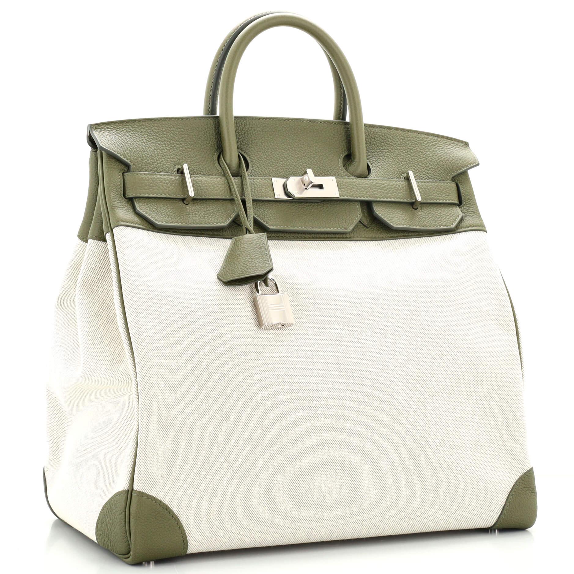 Hermes HAC Birkin Bag Toile and Green Clemence with Palladium Hardware 40 In Good Condition In NY, NY