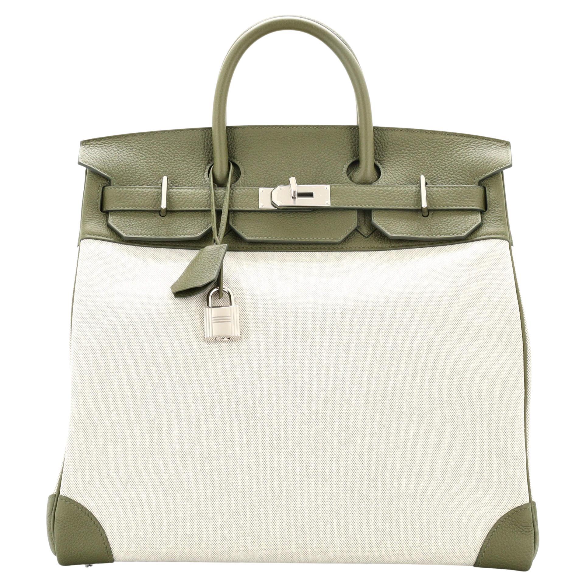 Hermes HAC Birkin Bag Toile and Green Clemence with Palladium Hardware 40