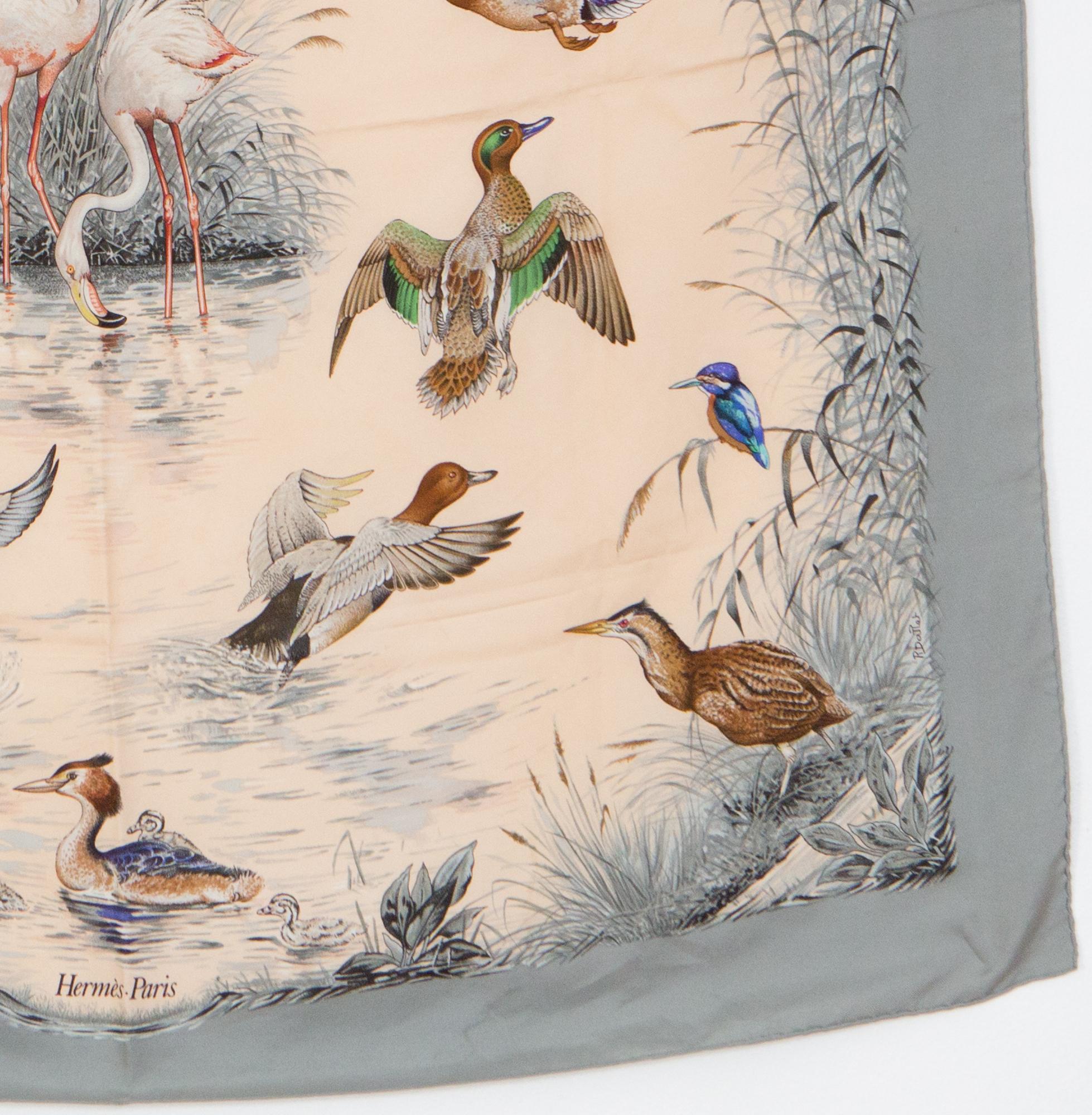 Beige  Hermes Halte en Camargue by Robert Dallet Grey Silk Scarf