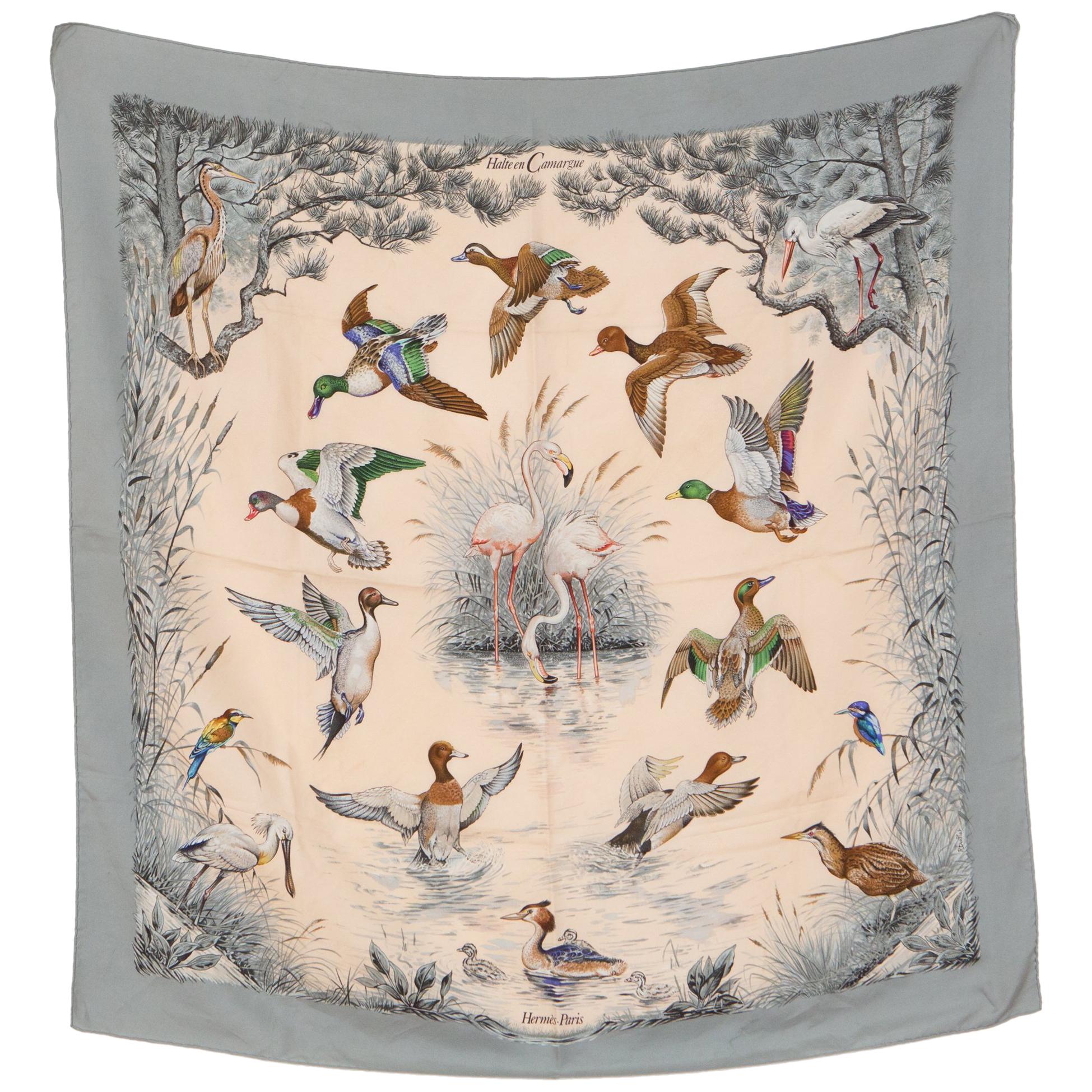 Hermes Halte en Camargue by Robert Dallet Grey Silk Scarf