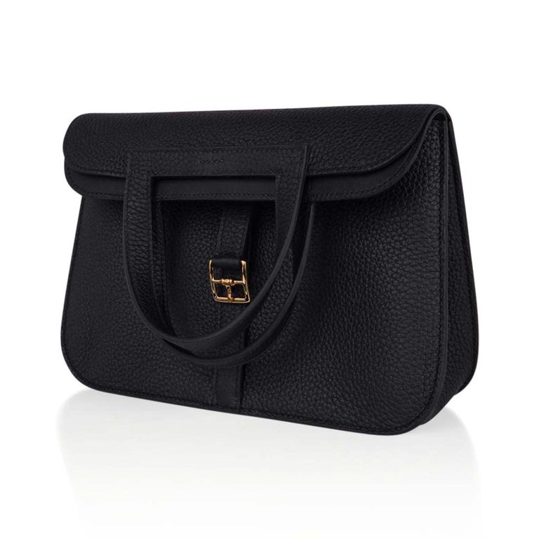 Hermes Halzan 25 Bag Black Gold Hardware Clemence Leather New w/Box at
