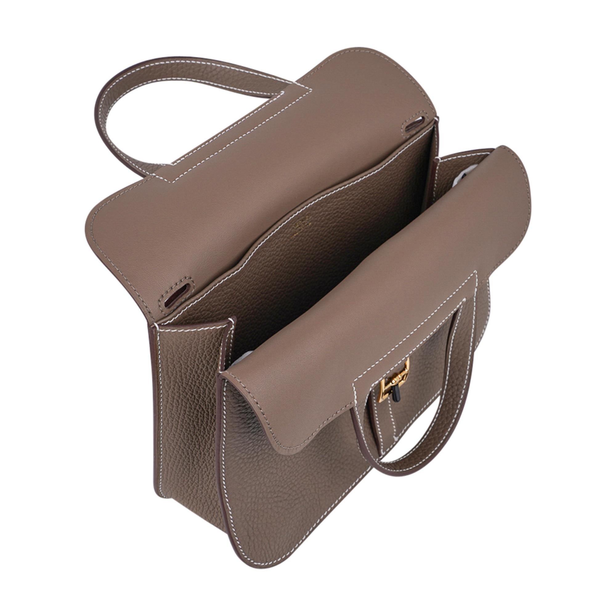 Women's Hermes Halzan 25 Bag Etoupe Gold Hardware Clemence Leather New w/Box