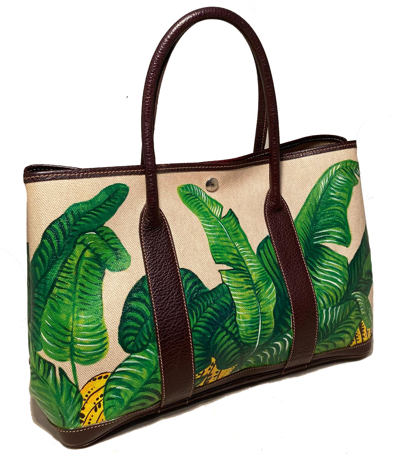 Black Hermes Hand Painted Banana Leaf Garden Party 35 For Sale