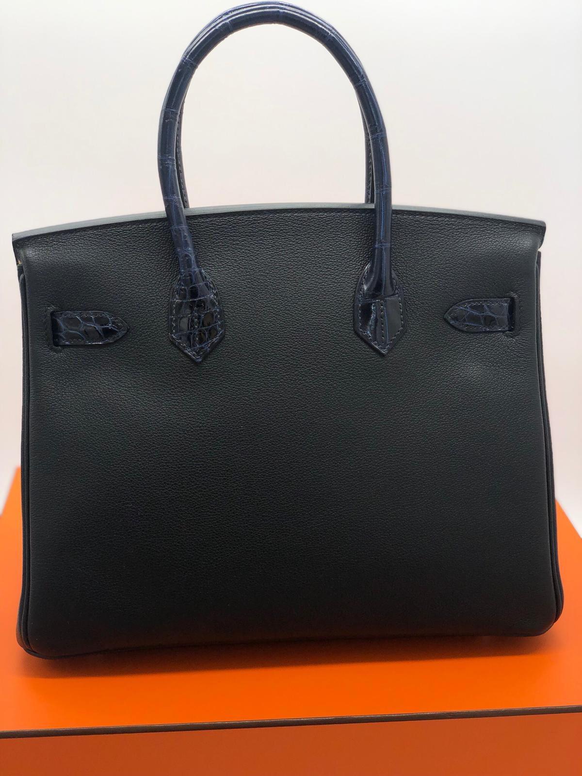 Hermes Handbag Birkin 30 Limited Touch Taurillon Novillo Noir / Nilo Blue Marine In New Condition For Sale In Nicosia, CY