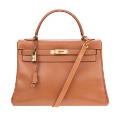 Hermès handbag Kelly 32 with strap in cognac Gulliver leather, GHW !
