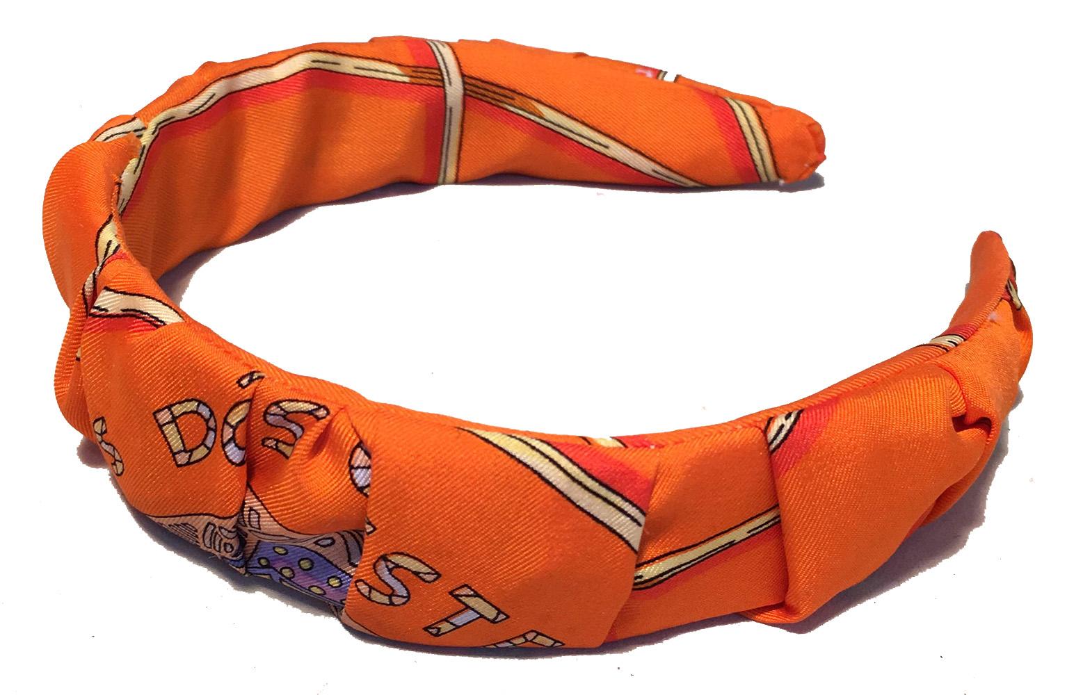 Handmade Orange Les Domes Celestes Silk Scarf Ruched Headband In Excellent Condition In Philadelphia, PA