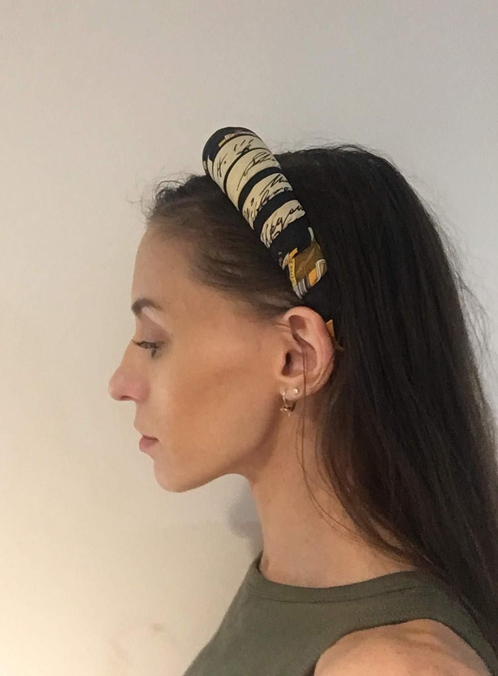 Women's Hermes Handmade Vintage Black Salzburg Silk Scarf Wrapped Padded Headband Crown