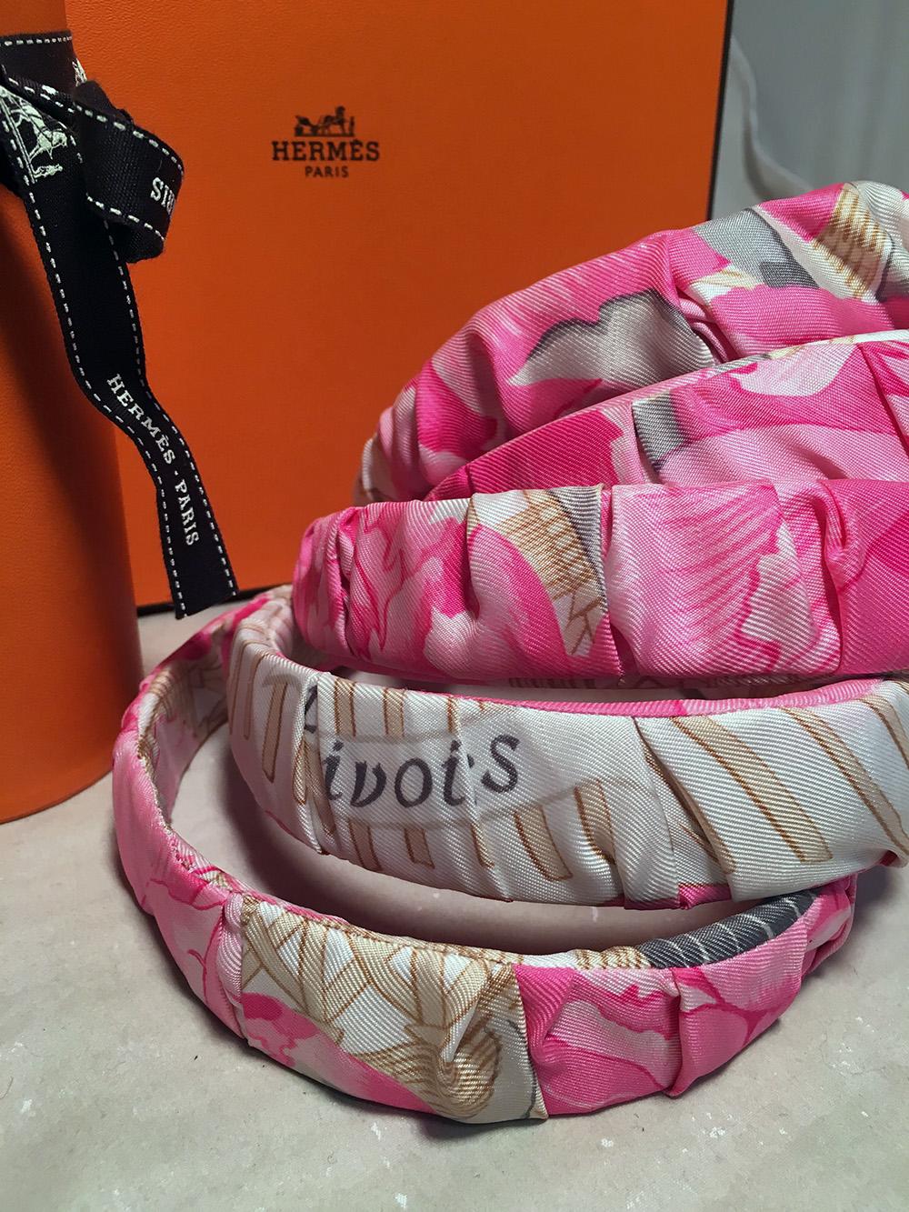 Handmade Vintage Pink Pivoines Silk Scarf Headband In Excellent Condition In Philadelphia, PA
