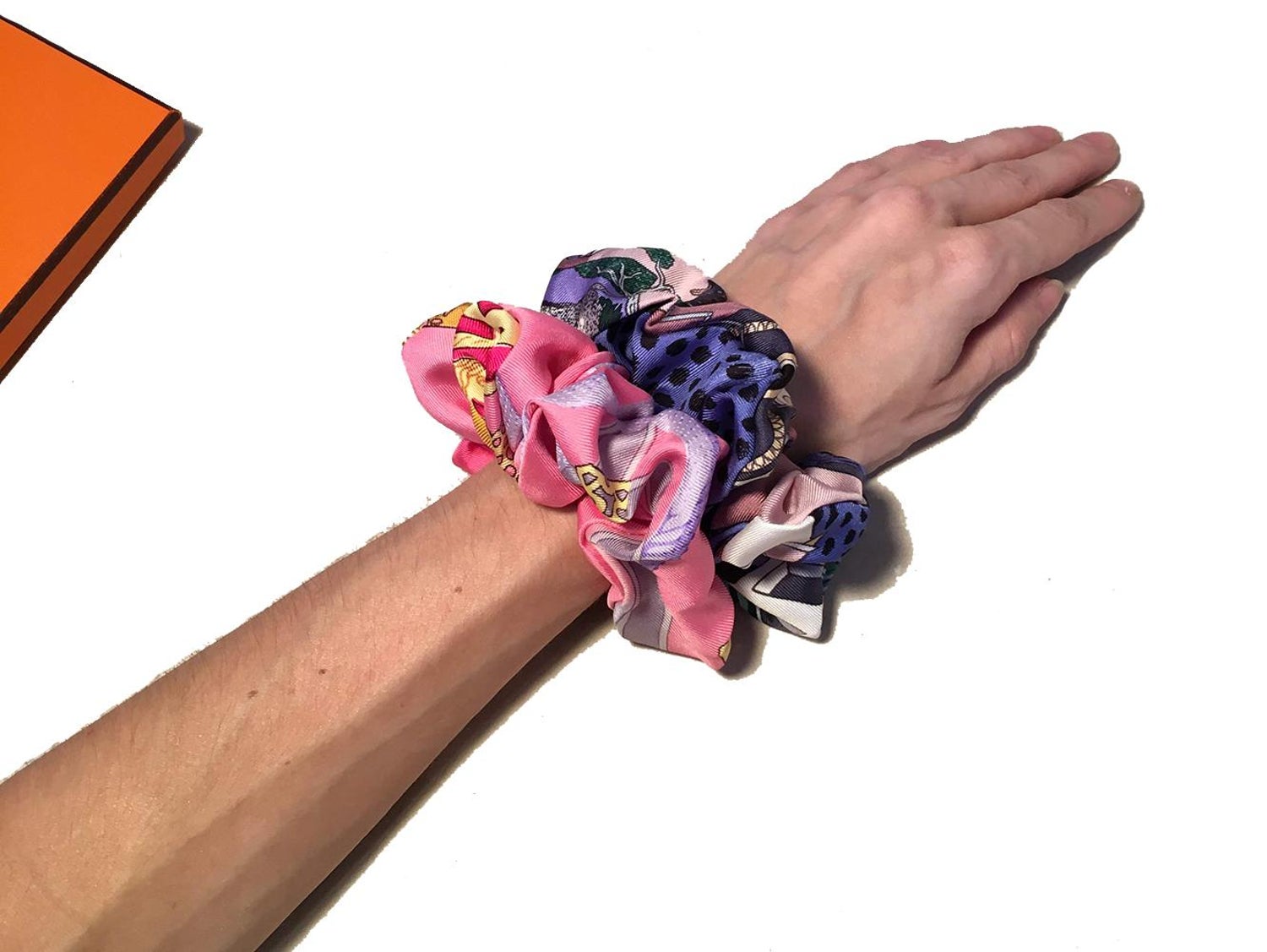 Handmade Vintage Les Muserolles Silk Scarf Scrunchie In Pinks And
