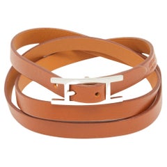 Hermes Hapi 3 Brown Leather Palladium Plated Wrap Bracelet S