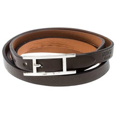 Hermes Hapi 3 Dark Green Leather Palladium Plated Wrap Bracelet