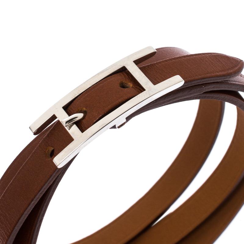 Contemporary Hermès Hapi Brown Leather Palladium Plated Wrap Bracelet